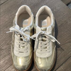 DV by Dolce Vita Gold and White Sneakers with Metallic Accents